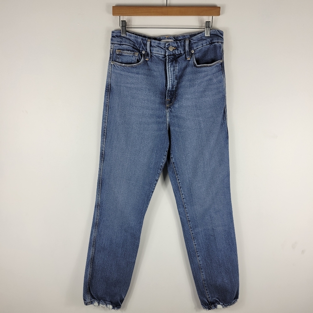 Good American Good Curve Straight Leg High Waist Raw Hem Ankle Jeans